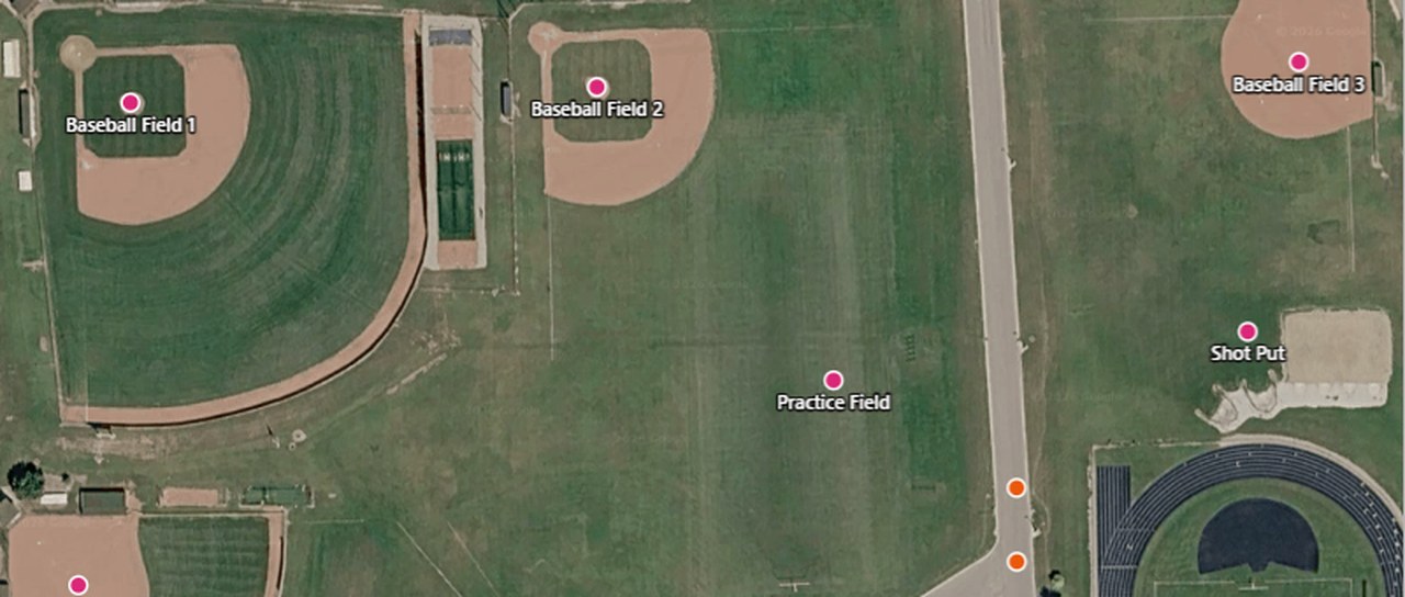 The Owosso school sports complex on the tour map: baseball fields, the practice field, and shot put, each with its own named point.