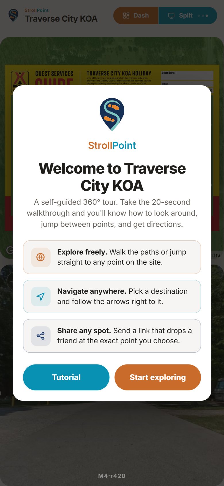 The tour welcome card: Welcome to Traverse City KOA, with Explore freely, Navigate anywhere, and Share any spot, and the Tutorial and Start exploring buttons.